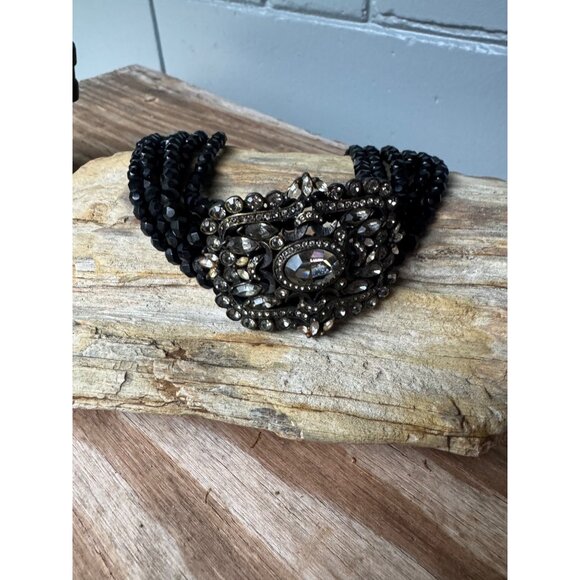 Heidi Daus Black Crystal Six Strand Statement Necklace Choker Adjustable - Picture 2 of 5